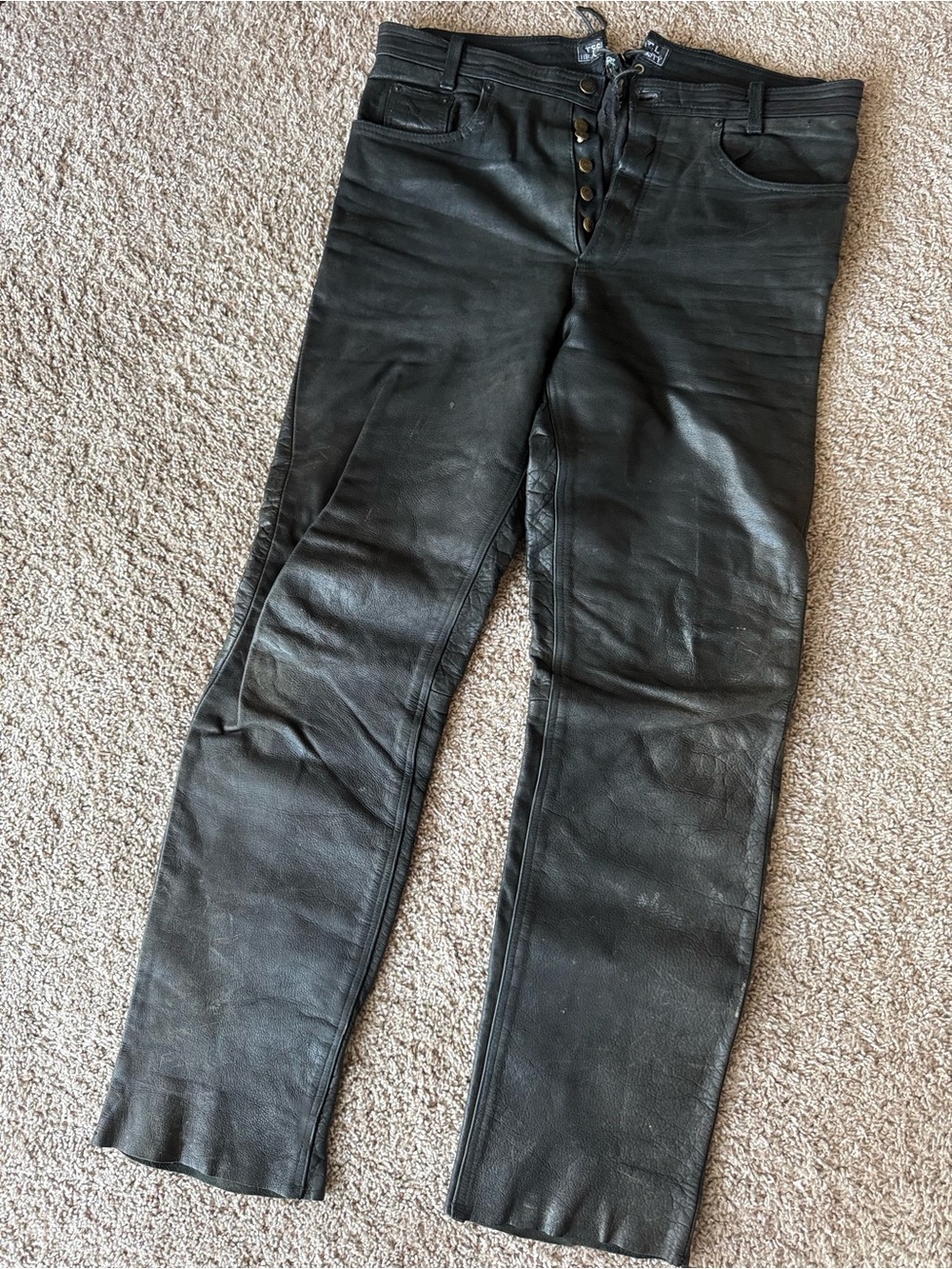 Men’s Biker Leather Pants TSCHUL Black Laced Button Fly Altered Diesel 36x31